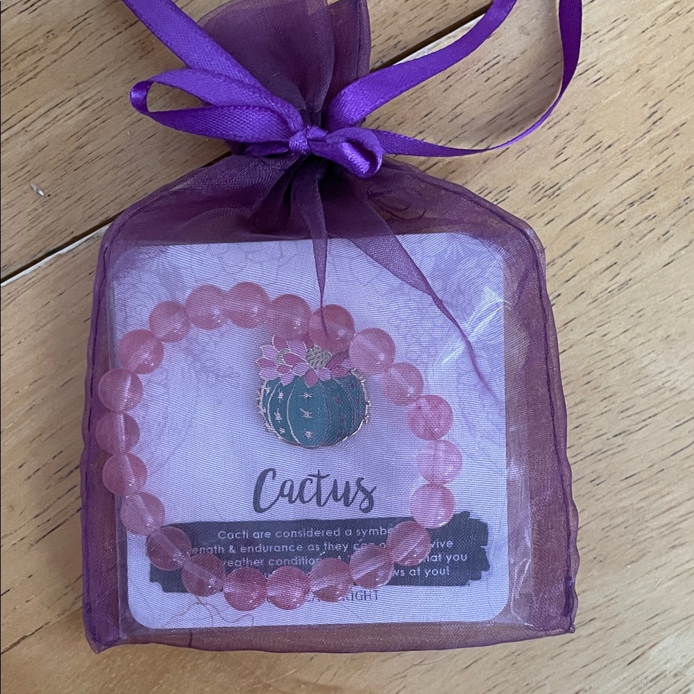 Pink Beaded Bracelet with Cactus Pin